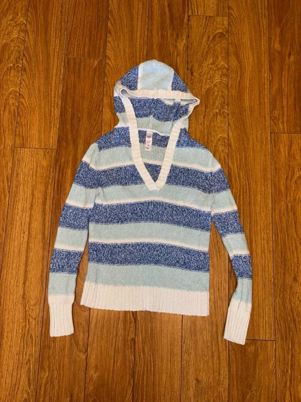 Y2K blue striped v neck hooded sweater